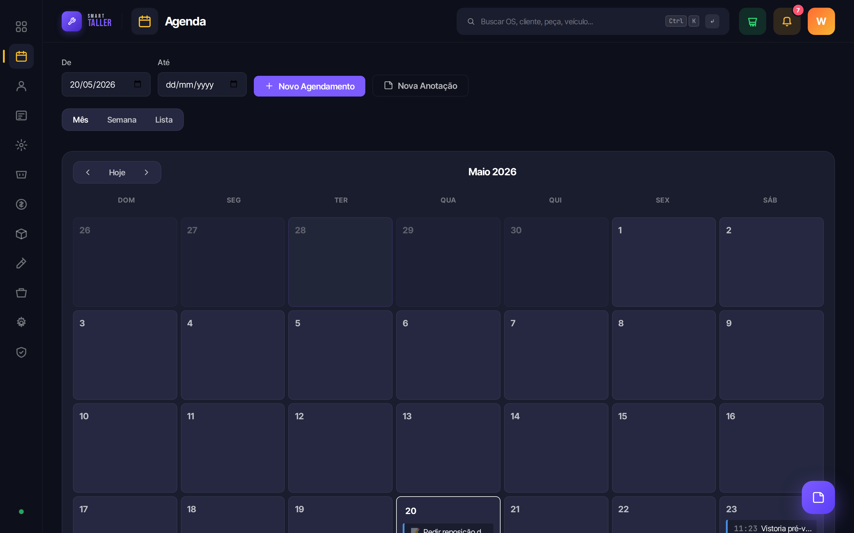 Agenda visual em modo mês com agendamentos vinculados a OS
